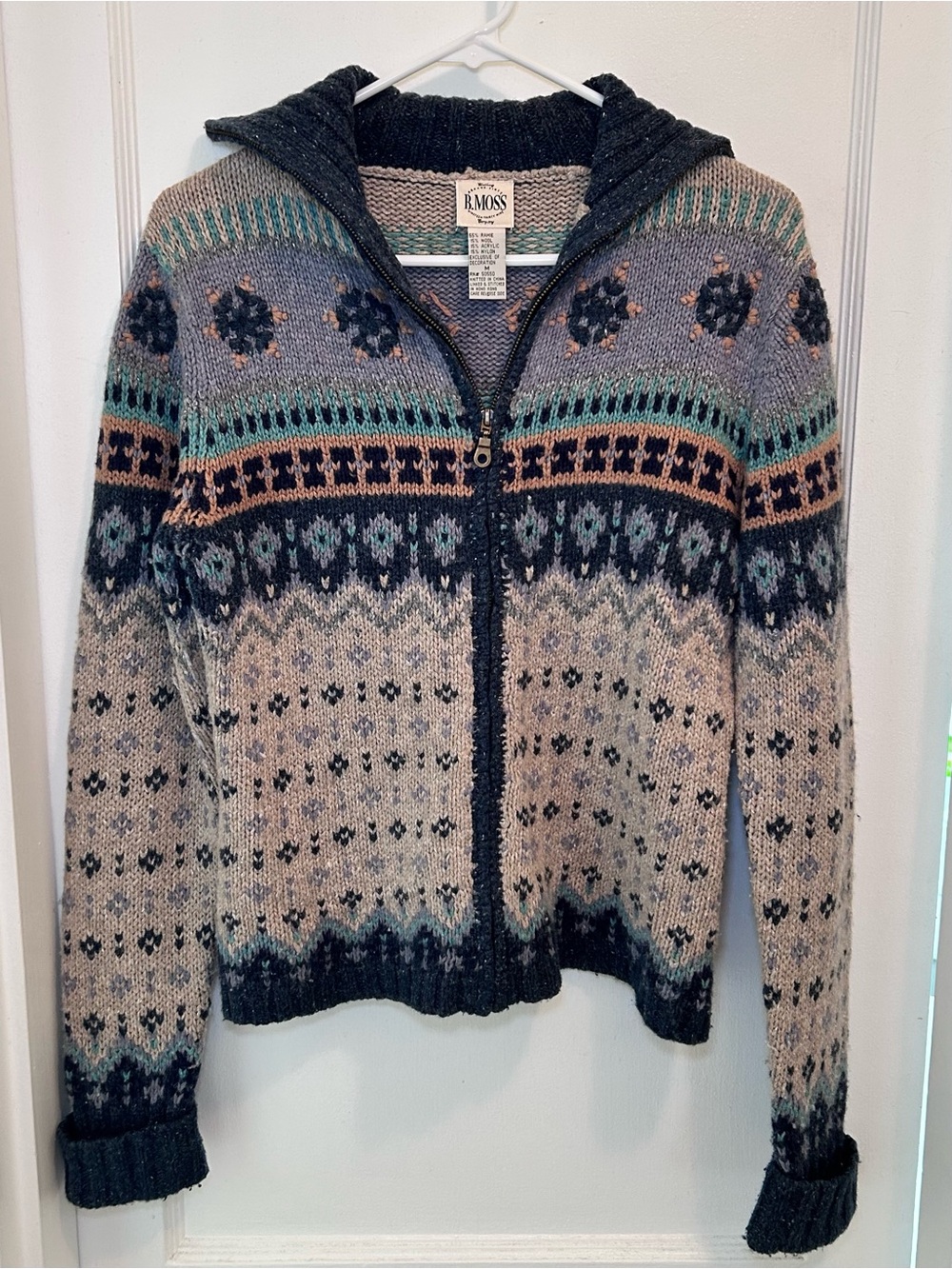 B. Moss Vintage Fair Isle Fisherman Core Knit Full Zip Cardigan Sweater Womens M
